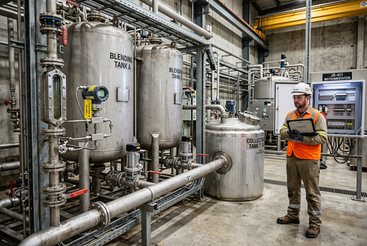 Chemical blending area with two stainless drain tanks, Yokogawa EJA-E level transmitter, and engineer checking Foundation Fieldbus segment